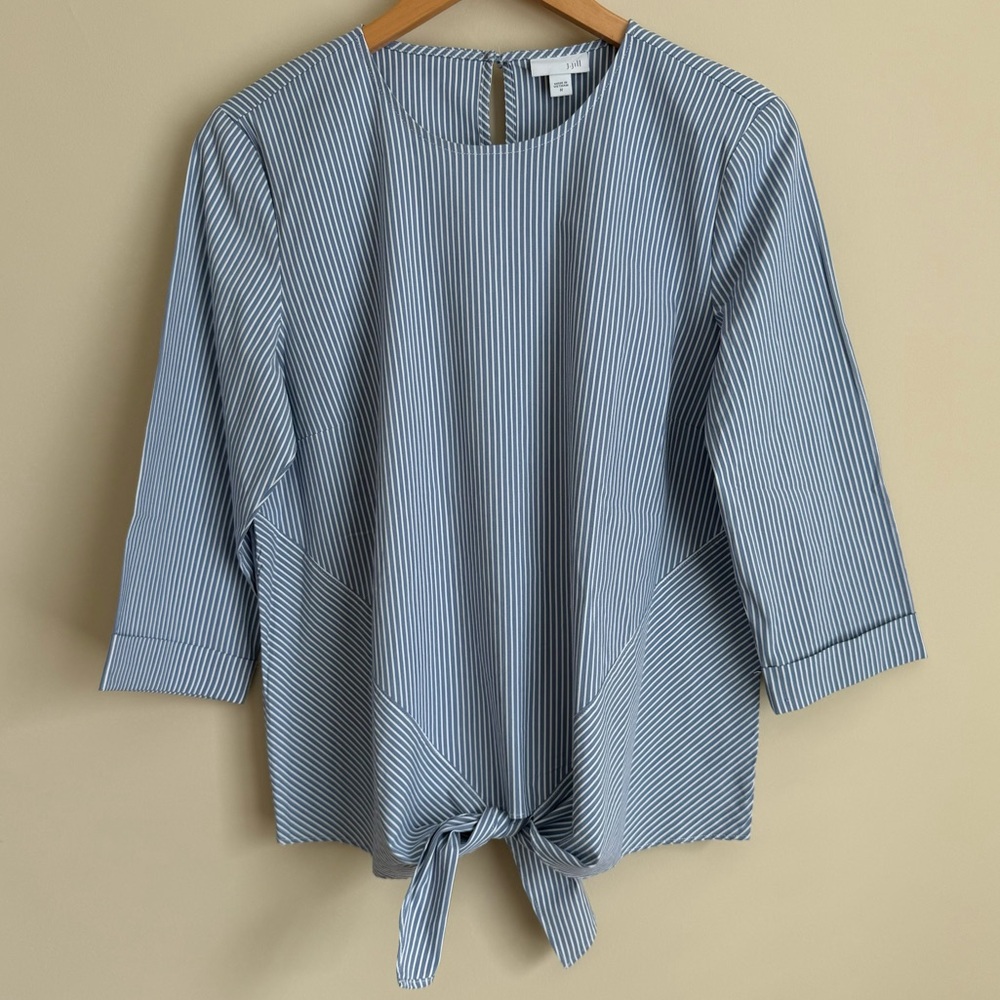 NWOT J. Jill Pinstripe Tie 3/4 Sleeve Blouse Top M